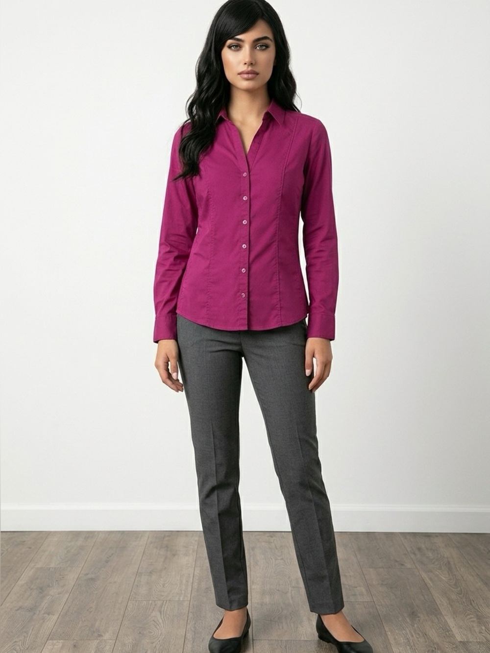 NY& Co Women’s Tailored Button-Up Shirt — Magenta, size L.
